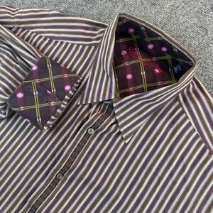 Robert Graham Mens 3XB Brown Purple Striped Button Dress Shirt Club Preppy